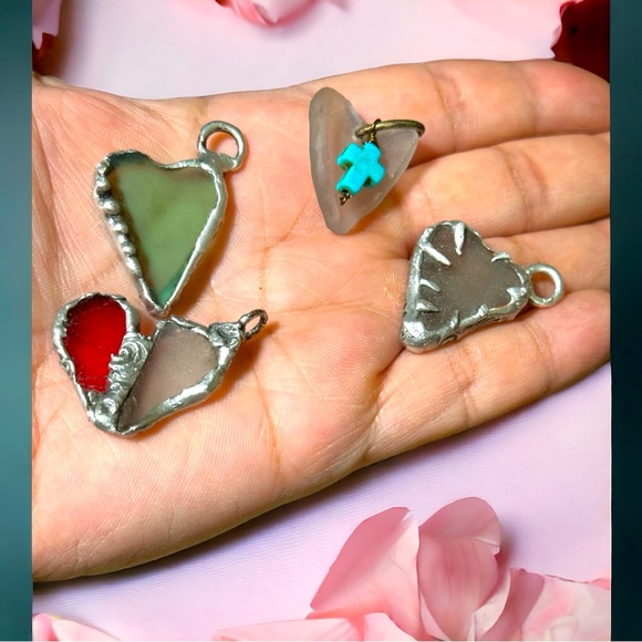 Light Green Sea Glass Heart Pendant with Turquoise Cross Charm, Artisan Crafted - Picture 12 of 13